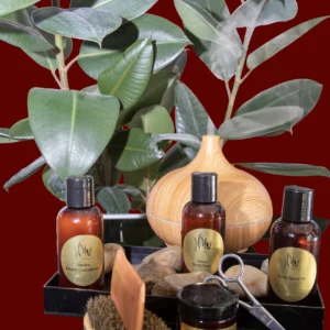 A collection of skincare products with a pumpkin and green leaves on a red background.